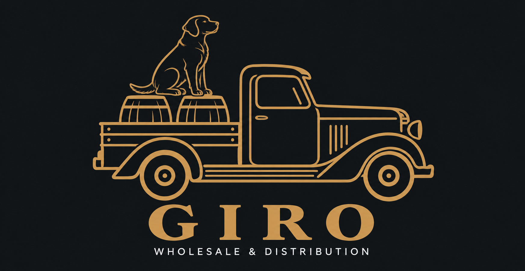 Giro logo concept: a Labrador atop wine barrels in a vintage delivery pickup