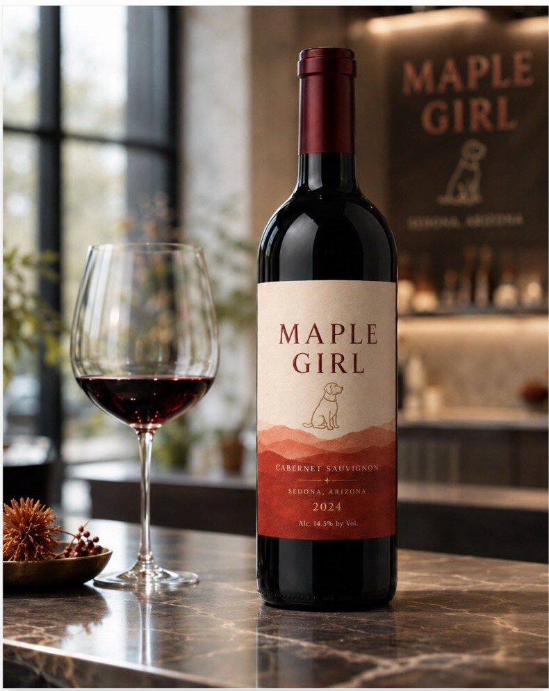 Maple Girl Cabernet Sauvignon bottle beside a poured glass in warm evening light