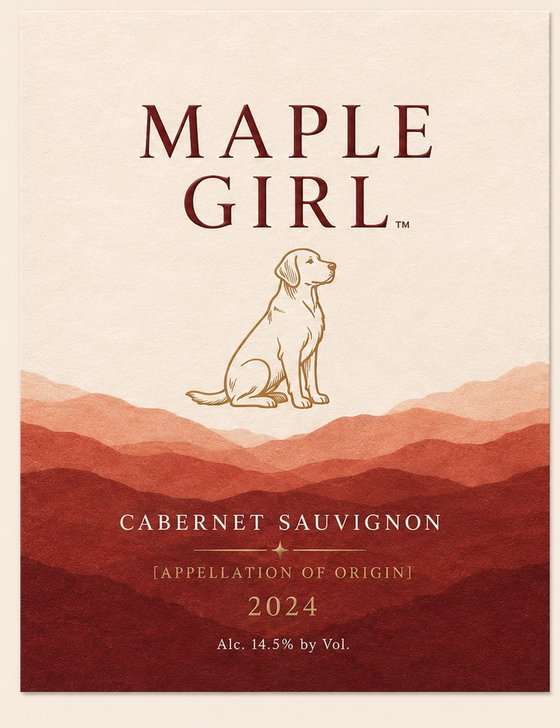 Terracotta Horizon label: Maple Girl wordmark, Labrador illustration and layered red-rock ridges